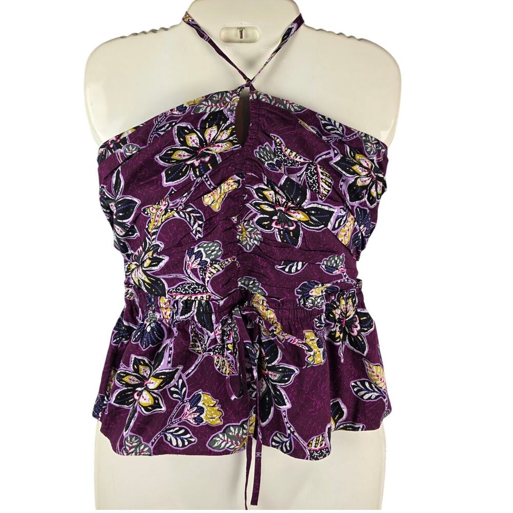 LOFT NWT Purple Floral Smocked Halter Top Drawstring Peplum Blouse Sz S Summer